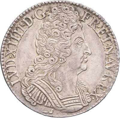 une pièce d'argent à l'effigie d'un homme portant une perruque