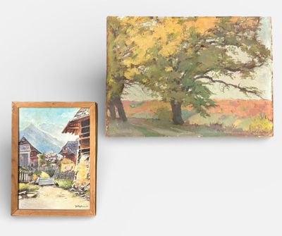 Deux tableaux représentant un arbre et une grange sont accrochés au mur.