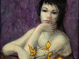 an oil painting of a woman with yellow butterflies on her chest