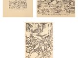 trois dessins représentant des soldats et un homme à cheval devant un bâtiment