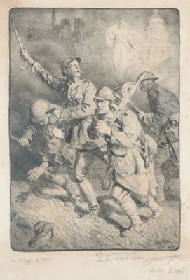 drawing of a group of soldiers fighting with a man holding a sword