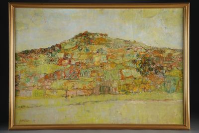 an image of a painting of a mountain in a gold frame