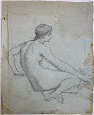 a drawing of a nude woman sitting on a bed