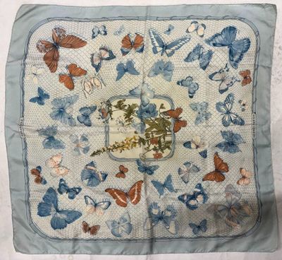 blue and orange butterflies on a white square with a blue border