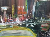 a painting of a taxi and a car on a city street
