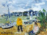 a painting of people on the beach with boats in the water