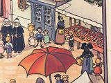 a picture of a painting of people in a market