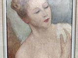 painting of a woman in a white dress with her hands on her chest