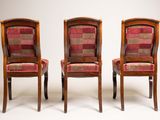 three wooden chairs with red and green upholstered upholstered upholstered upholstered upholstered upholstered upholstered