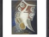 tableau encadré et sous passe-partout représentant un masque dans lequel se trouve une pièce d'or