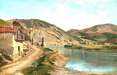 a painting of a river running through a rural area
