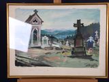 une photo d'un tableau représentant un cimetière avec une église en arrière-plan