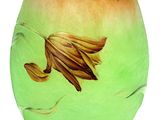 a green vase with a yellow flower painted on it
