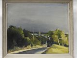 an image of a painting of a country road with houses in the distance