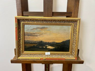 an oil painting of a landscape with a river in the distance