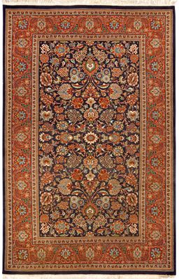 an antique persian rug with a floral design on a black ground