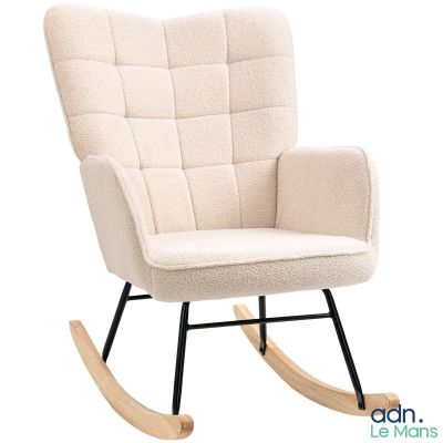 un fauteuil à bascule blanc aux pieds noirs et à l'assise rembourrée beige