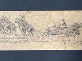 un vieux dessin représentant une calèche tirée par deux hommes