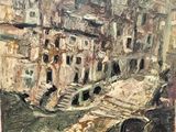 an oil painting of a view of a city from a window
