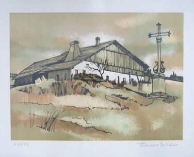 tableau représentant une vieille ferme avec un moulin à vent en arrière-plan