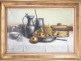 a painting of a still life with a bowl of fruit and a pitcher