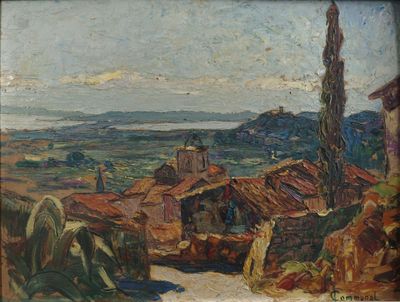 une image d'une peinture représentant une vue d'une ville depuis une colline