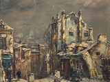 une peinture à l'huile représentant une rue enneigée avec des bâtiments et des passants