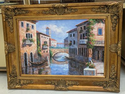 une image d'une peinture représentant un pont sur une rivière