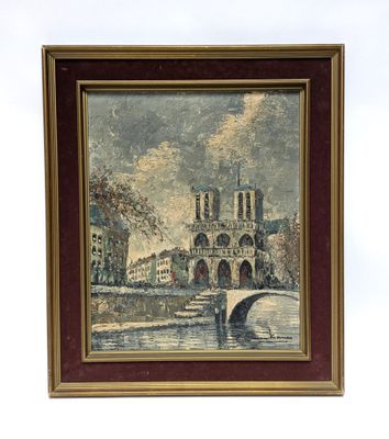 an old painting of a bridge over a river with a building in the background