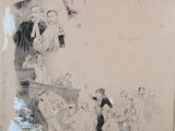 a drawing of a group of people standing in front of a building