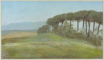 une peinture à l'huile représentant un champ avec des arbres et des collines en arrière-plan