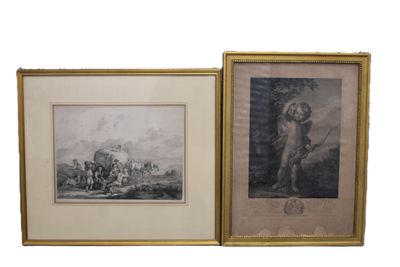 two framed pictures of horses and a man in a landscape
