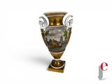 a vase with a painting on it sitting on a stand