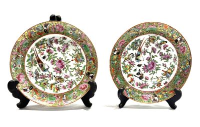 pair of chinese famille plates with flowers and birds