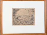 framed drawing of a city scene with a train passing through a tunnel