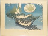 tableau représentant une femme assise sur un bateau, un parasol à la main