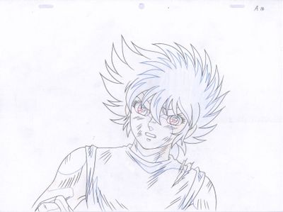 drawing of a young man with blue hair and a white shirt
