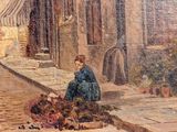 painting of a woman sitting on a cobblestone street in front of a building