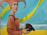 painting of a woman in a red dress holding a bird in her hand