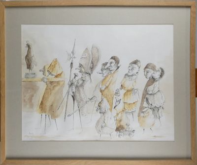 un dessin représentant un groupe de personnes assises dans une pièce