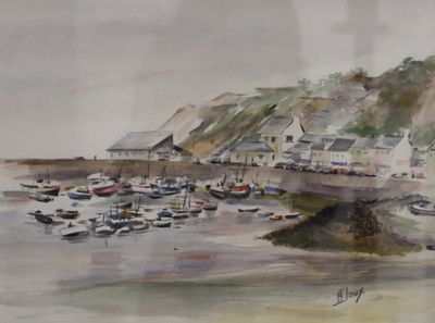 une aquarelle représentant un port avec des bateaux sur l'eau