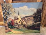une peinture à l'huile représentant une église sur une colline, avec un arbre au premier plan