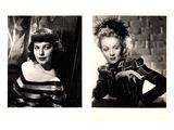 two black and white photos of a woman in a striped dress