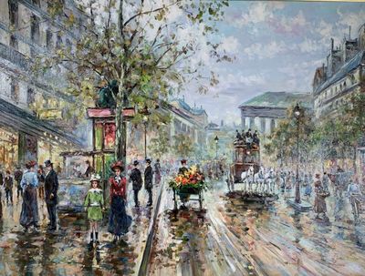 une peinture de personnes marchant dans la rue sous la pluie