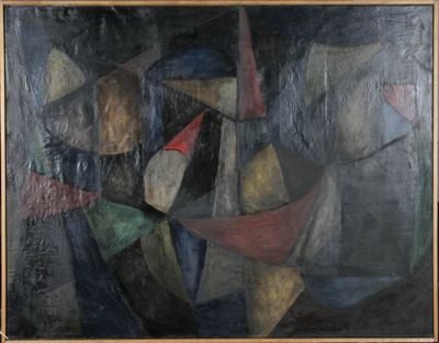 an oil painting of a sailboat and other boats on a black background