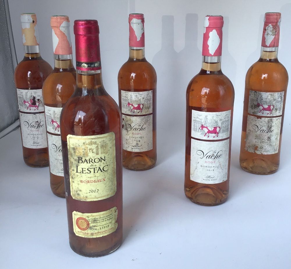 Lot de 6 bouteilles vin rosé, la vache 2013 5(bouteilles) baron de lestac 2012 , niveaux entre haut et bas goulot