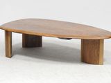 an oval wooden coffee table with two legs and a wooden base