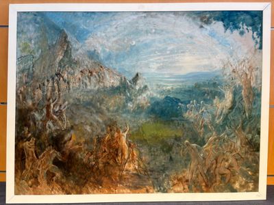une peinture à l'huile représentant un paysage avec une montagne au loin