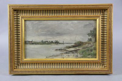 une peinture d'un paysage avec une rivière au premier plan