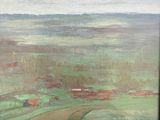 une peinture à l'huile représentant un paysage avec un champ vert et une grange rouge